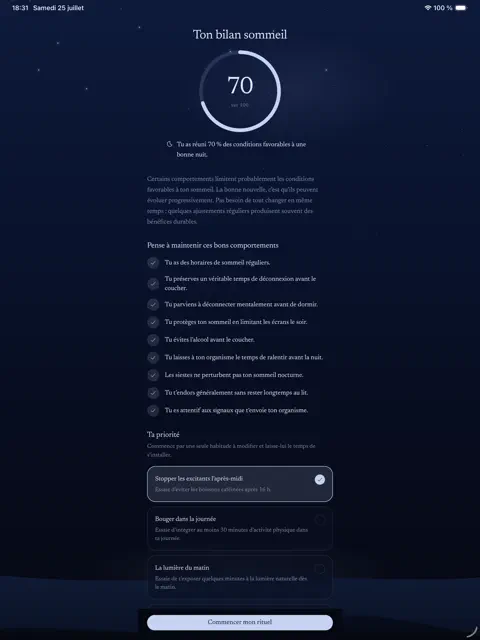 Écran bilan sommeil MindOff